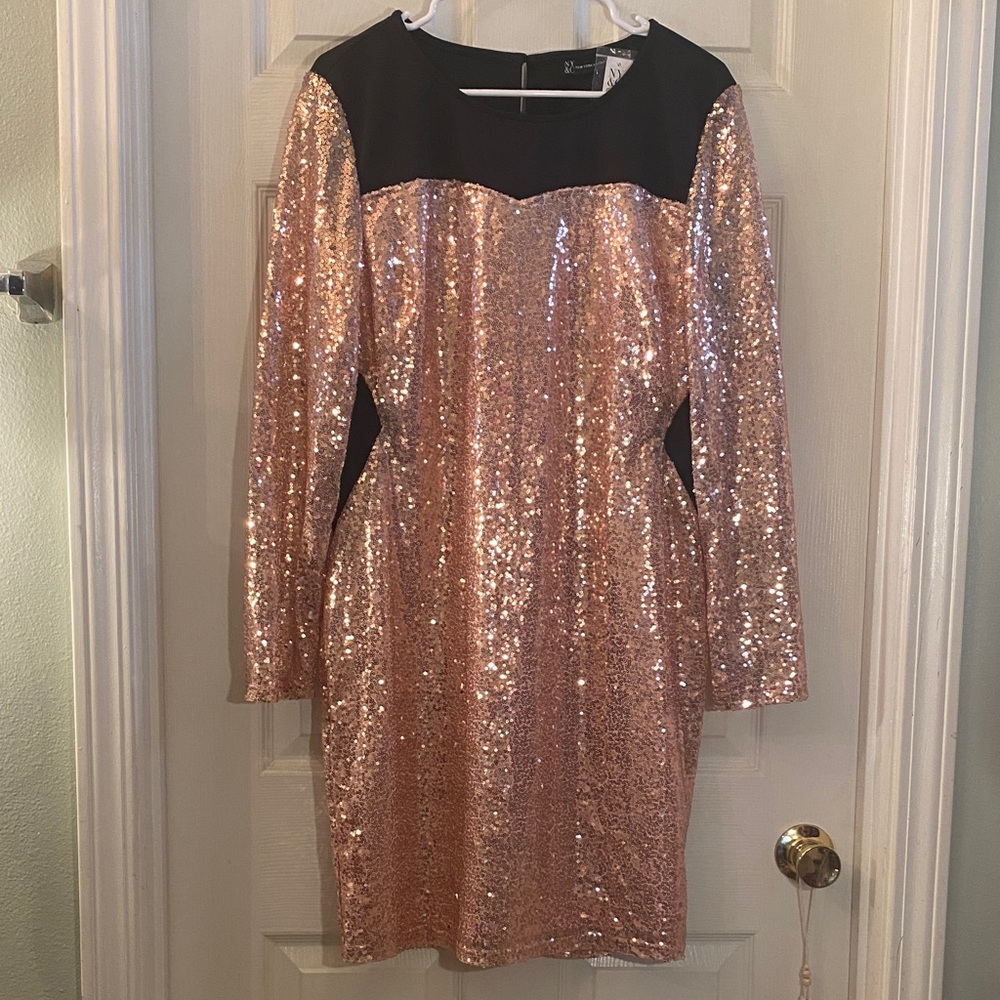 New York & Company Sequin Long Sleeve Dress - Pink and Black - Picture 3 of 12